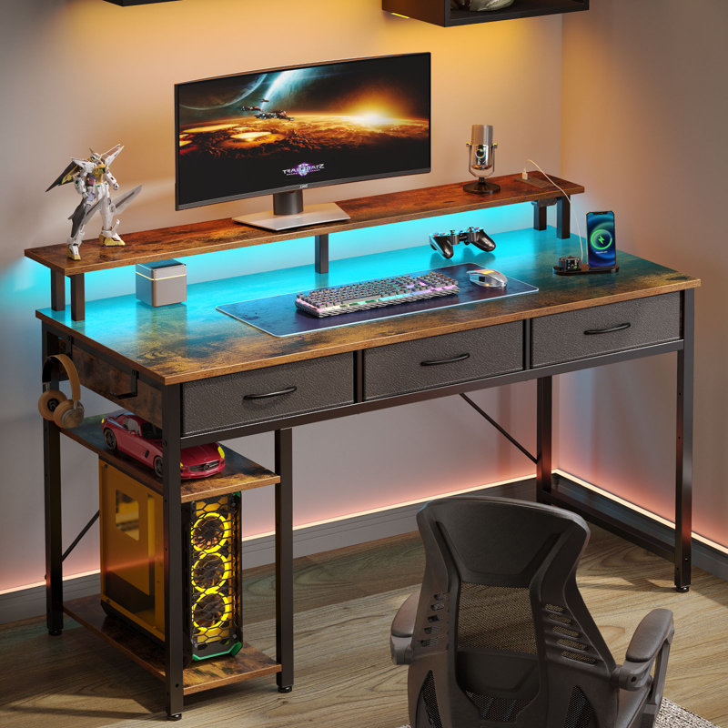 Abibatu Rectangle Computer Desk with Shelves Office Desk with Power Outlets RGB LED Lights 17 Stories Top Color Black Size 30.5 H x 55.1 W x